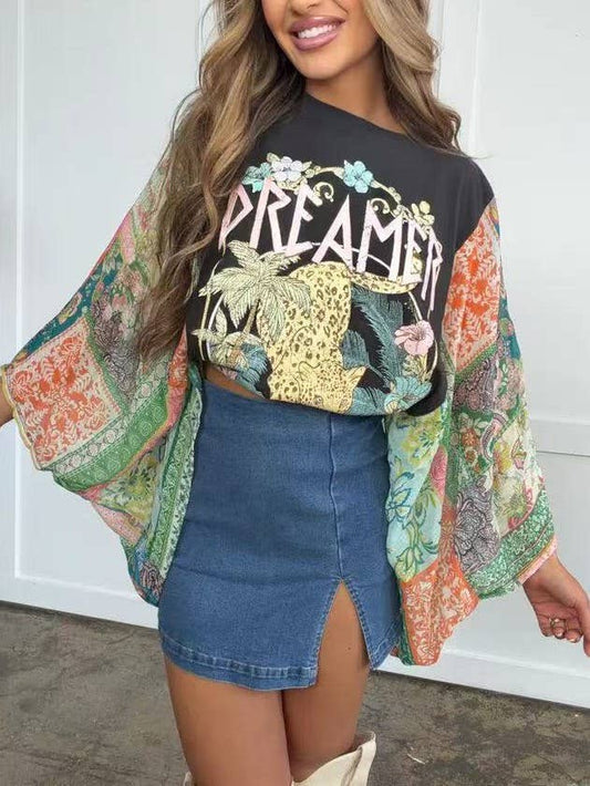 Tropical rainforest cheetah ptint Kimono sleeves shirt