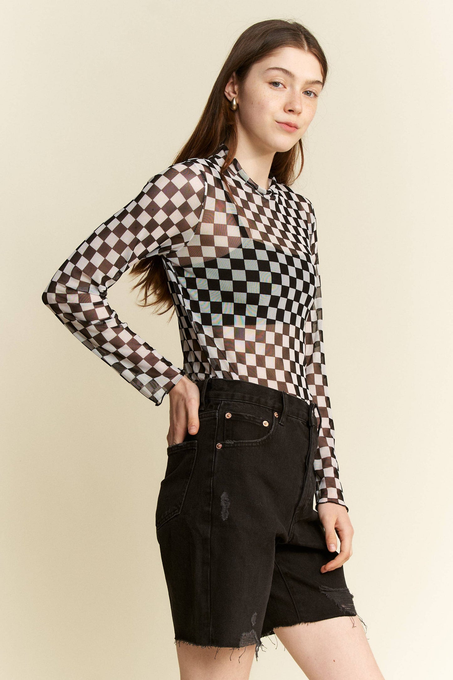CHECKERED MESH MOCK NECK TOP