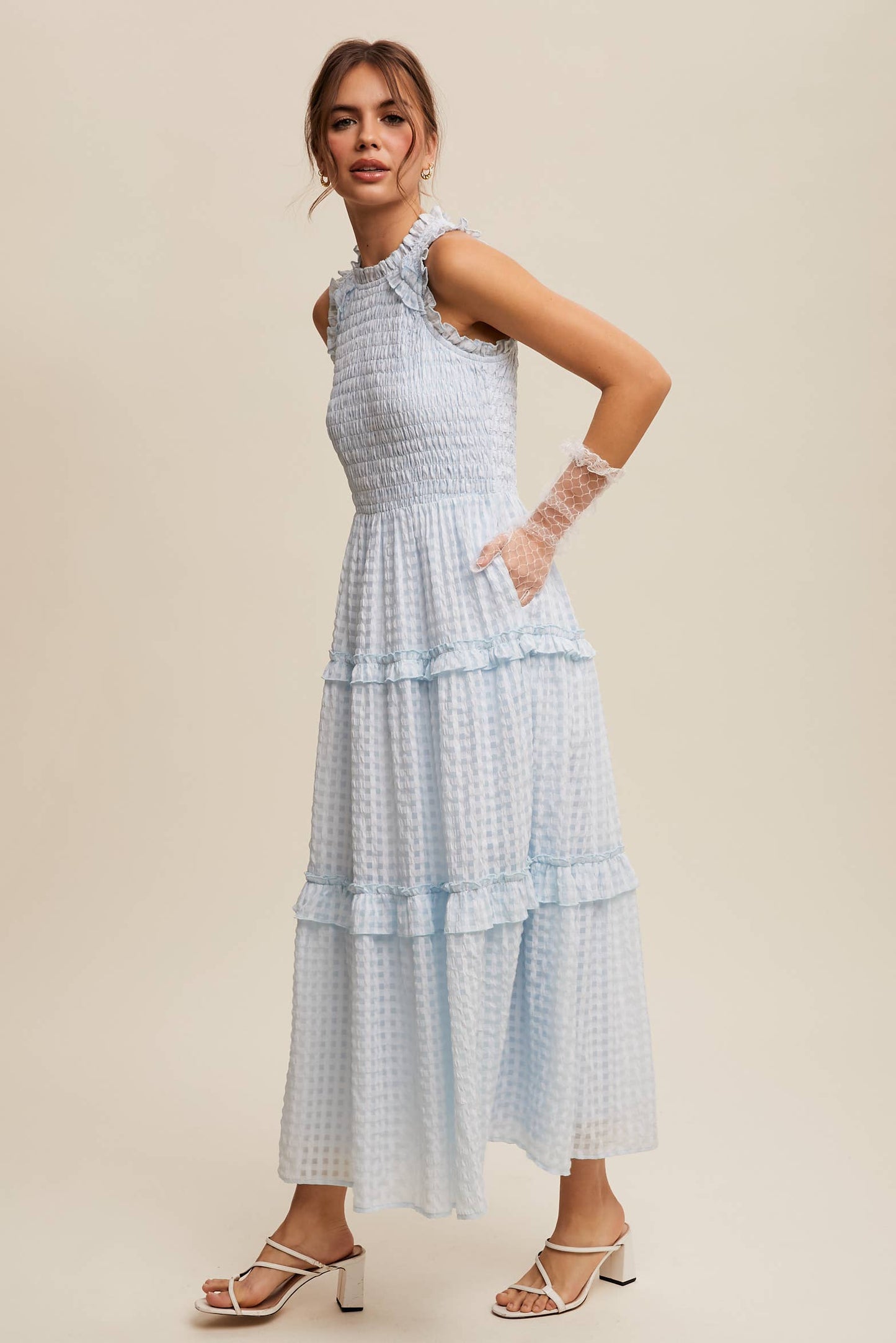 Sleeveless Gingham Maxi Dress with Ruffle Details