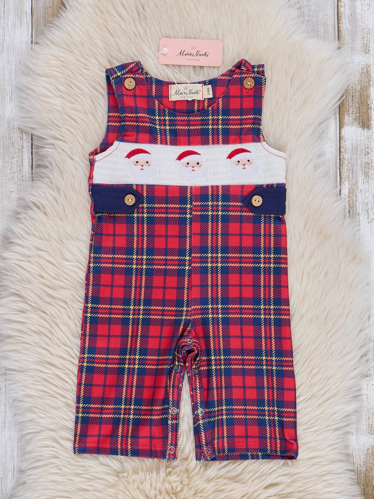 Red & Navy Holiday Plaid Smocked Santa Johnny