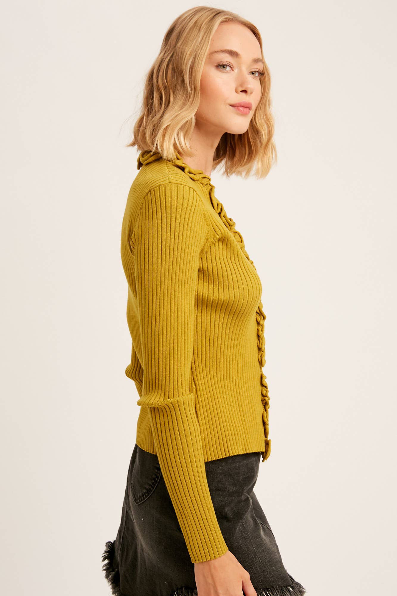 Ruffle Trim Ribbed Cardigan