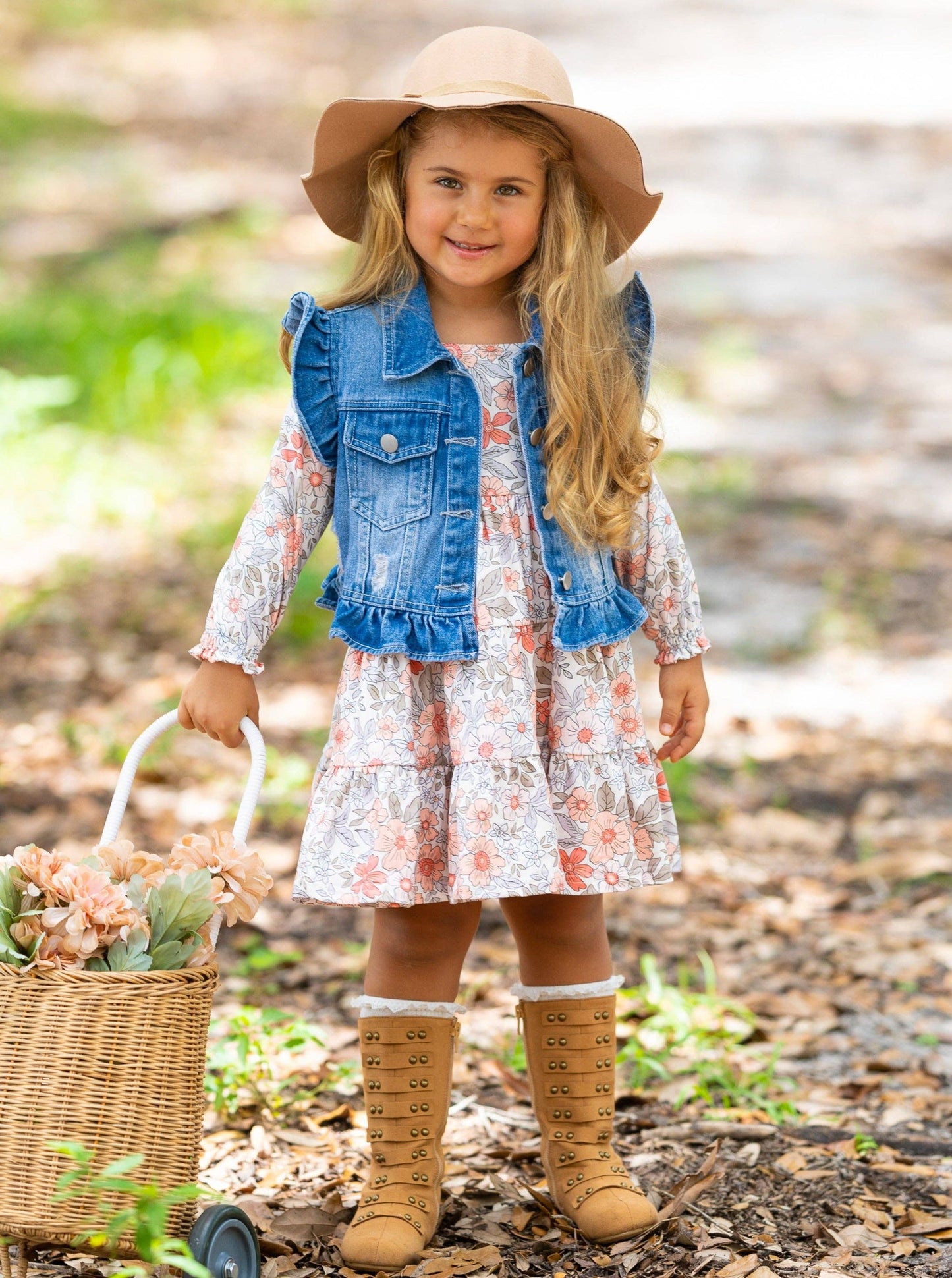 Long Sleeve Floral Dress w/ Ruffle Denim Vest & Set
