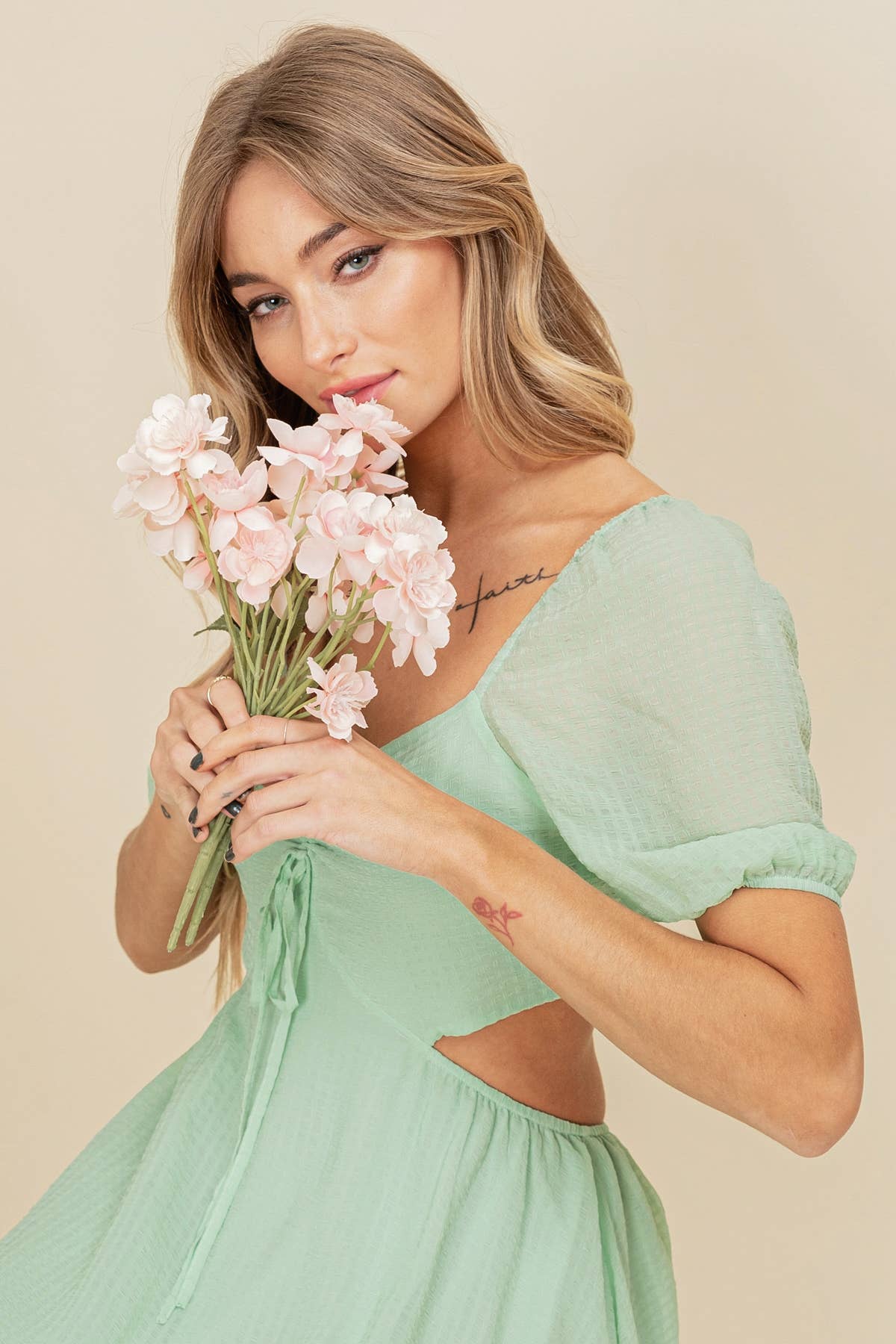 Puff Sleeve Sundress: Green