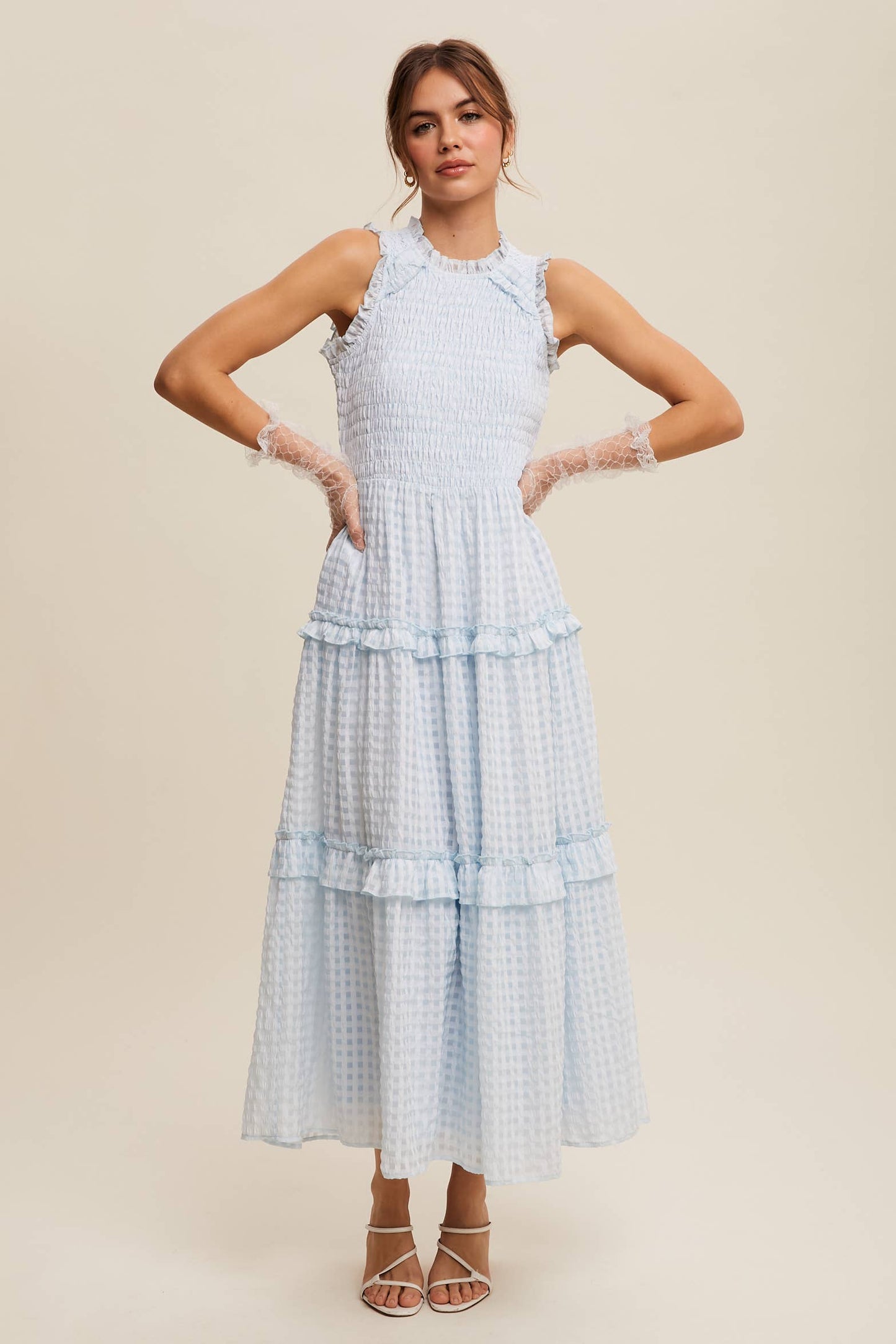 Sleeveless Gingham Maxi Dress with Ruffle Details