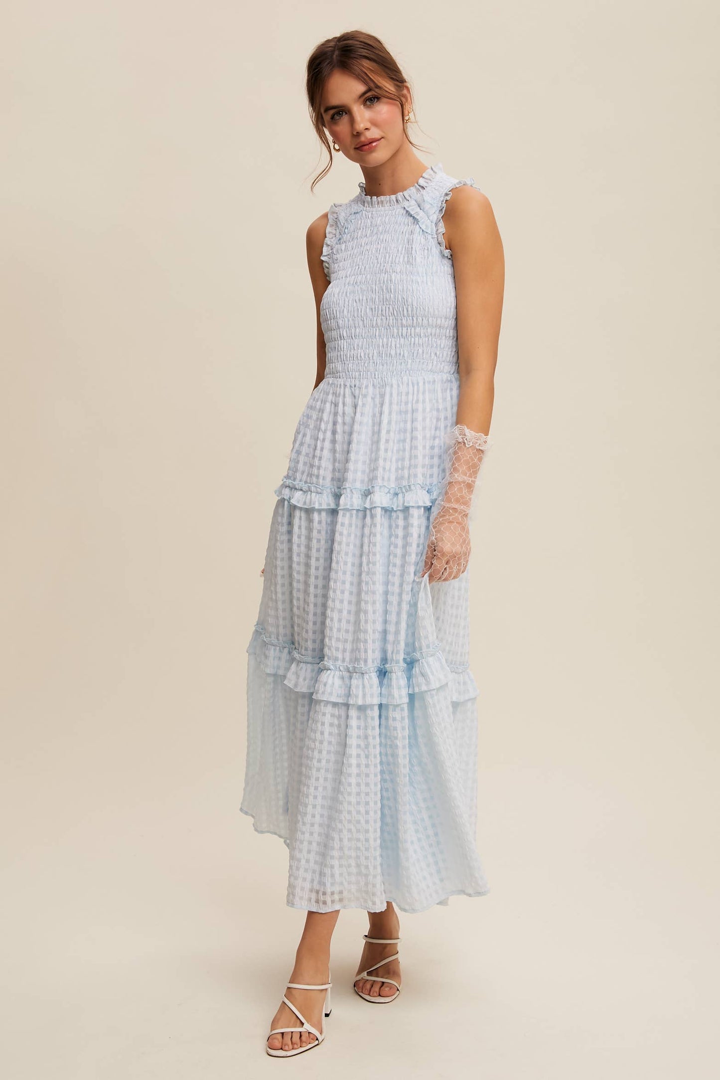 Sleeveless Gingham Maxi Dress with Ruffle Details