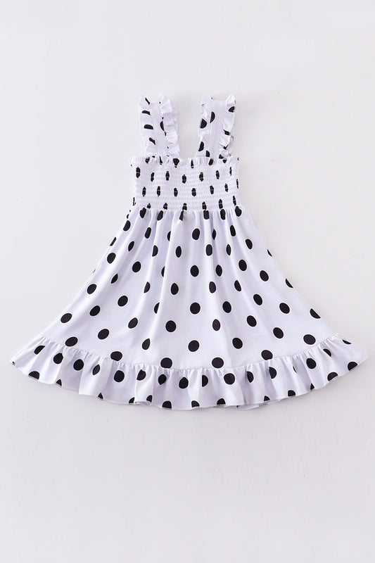 WHITE DOT SMOCKED STRAP DRESS