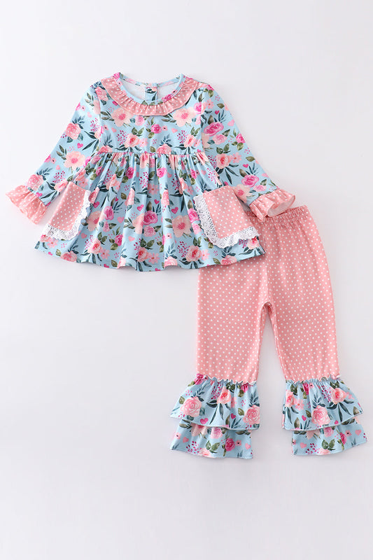 Pink floral print ruffle girl set