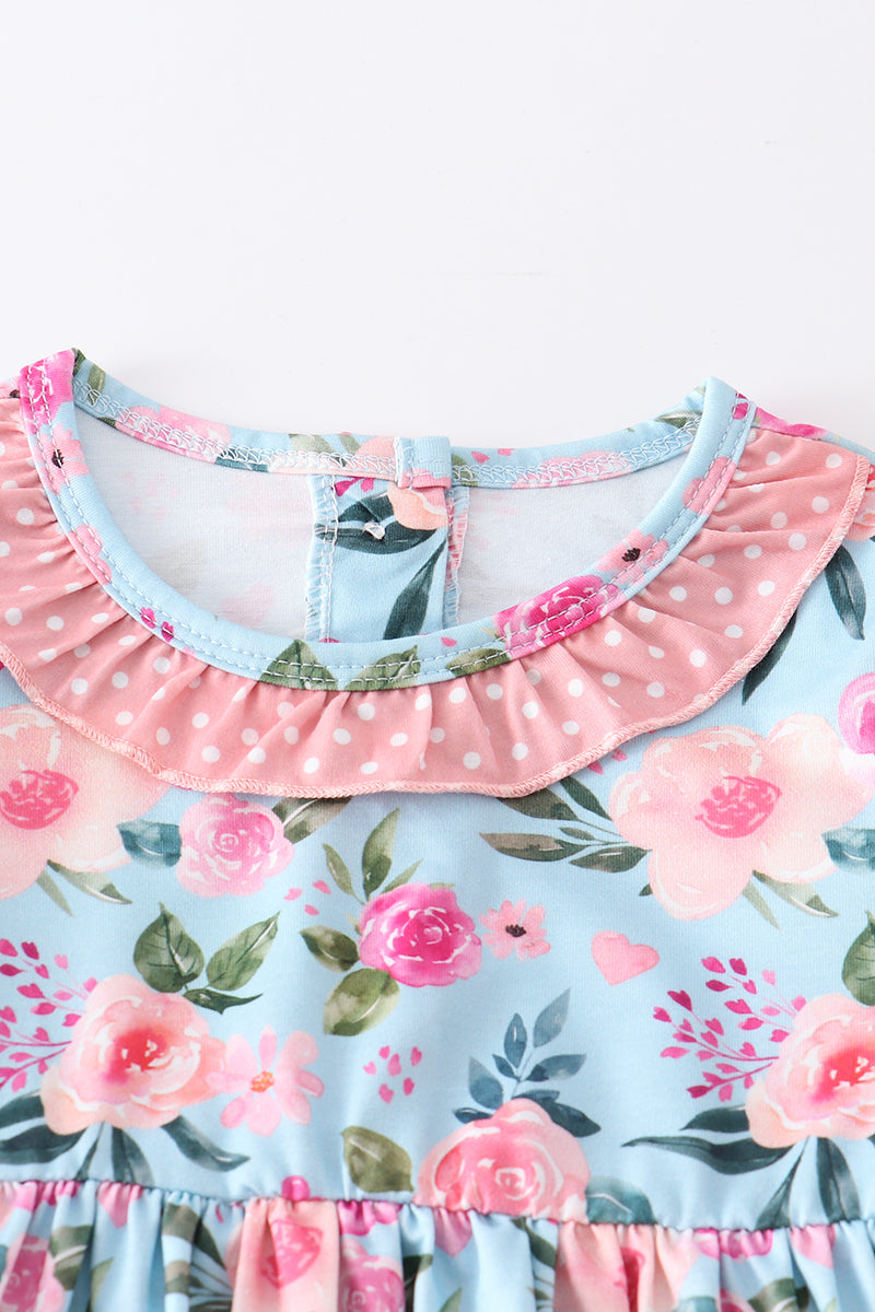 Pink floral print ruffle girl set