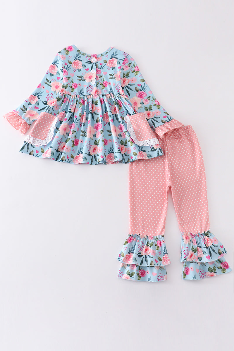 Pink floral print ruffle girl set