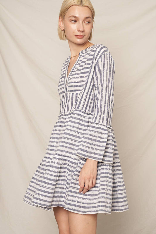 3/4 Sleeve V-Neck Striped Tiered Mini Dress