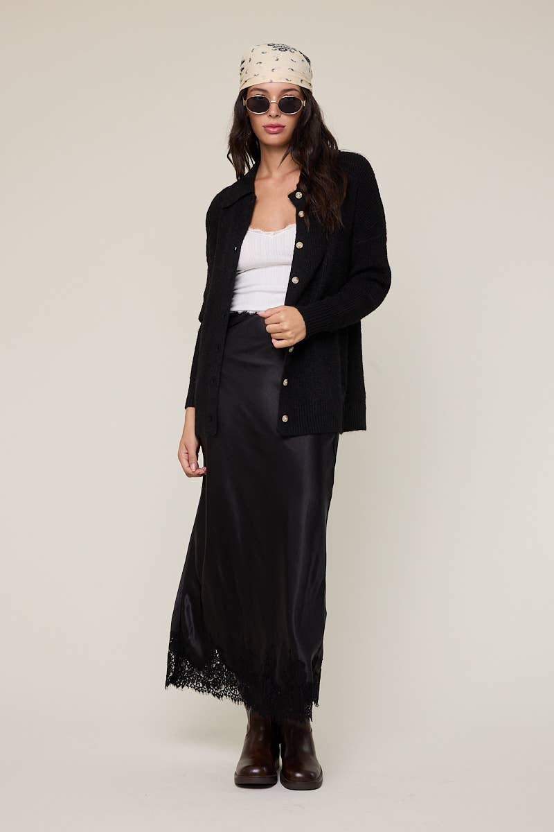 SATIN MONO TONE ELASTIC WAIST LACE MIDI SKIRT