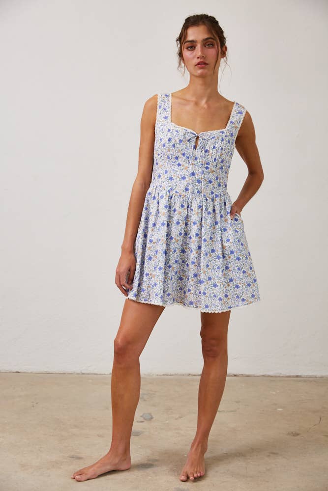 Floral Pleated Lace Detail Mini Dress