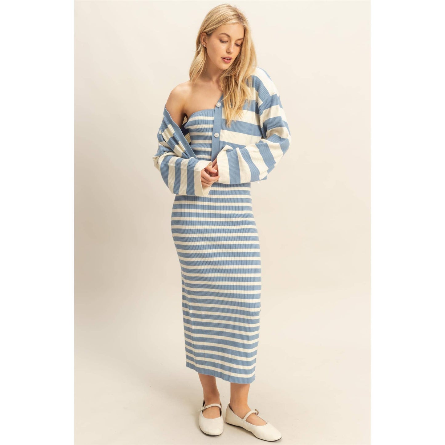 Striped Sweater Cardigan and Dress Set