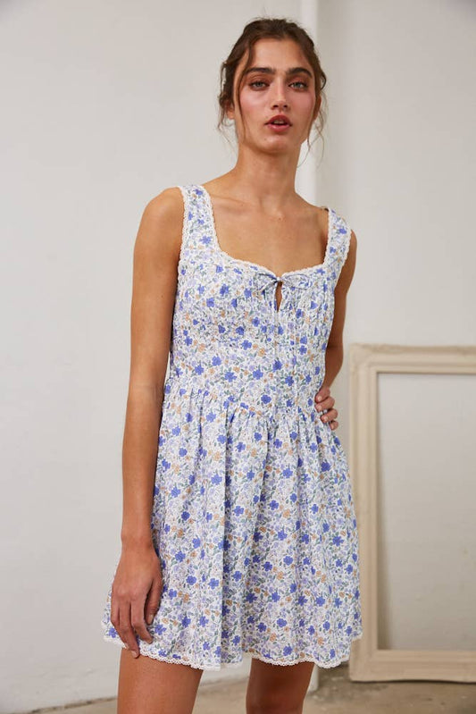 Floral Pleated Lace Detail Mini Dress