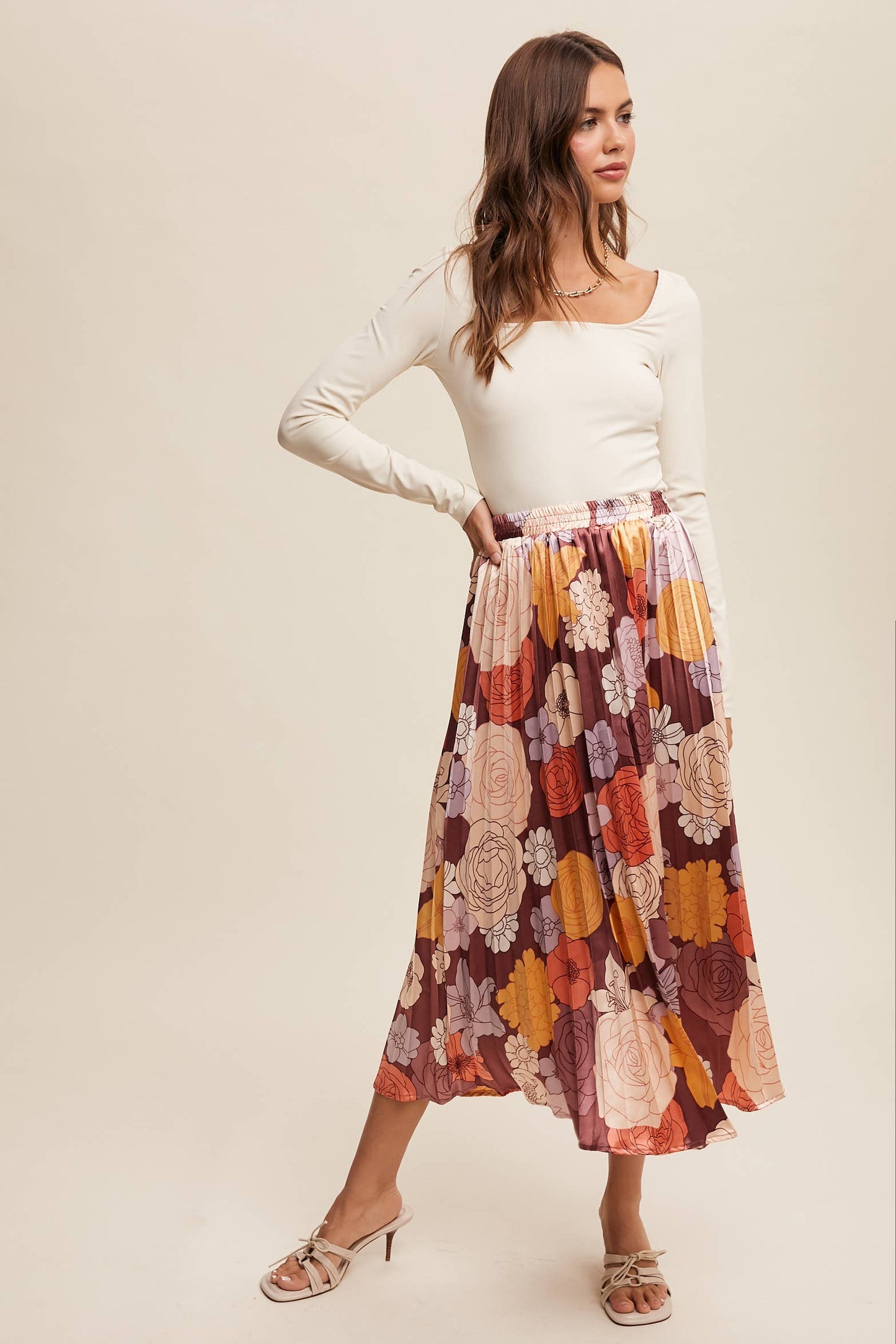 Bold Floral Pleated Midi Skirt