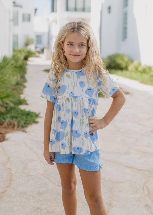 Girls Periwinkle Floral Ruffle Pocket Summer Short Set
