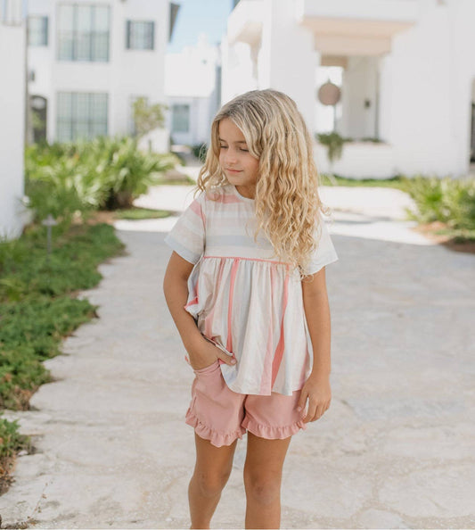 Kids Sand Blush Stripe Pocket Ruffle Summer Short Set