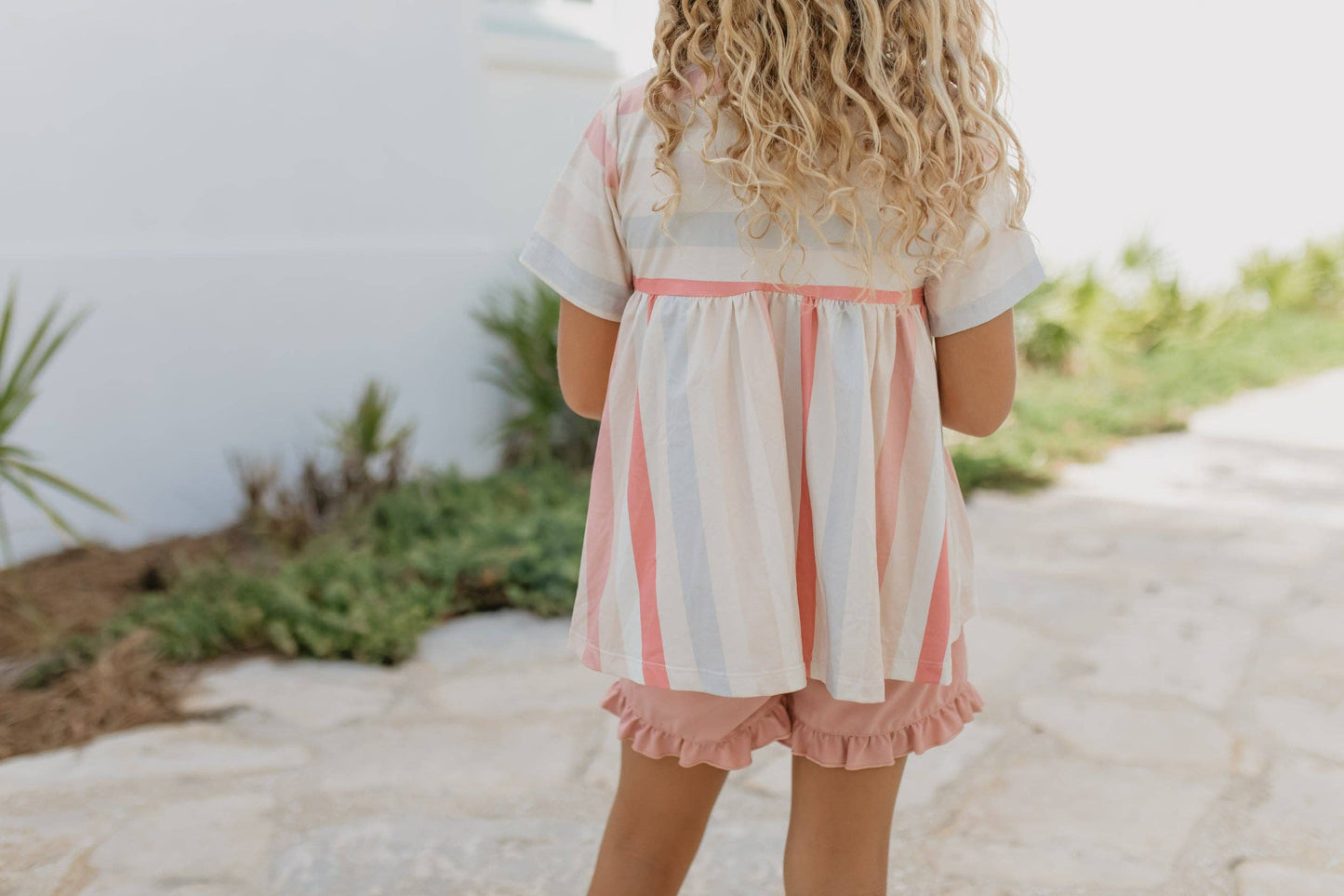 Kids Sand Blush Stripe Pocket Ruffle Summer Short Set