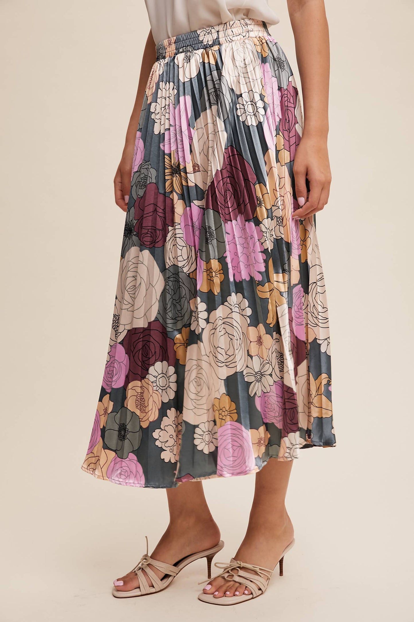 Bold Floral Pleated Midi Skirt