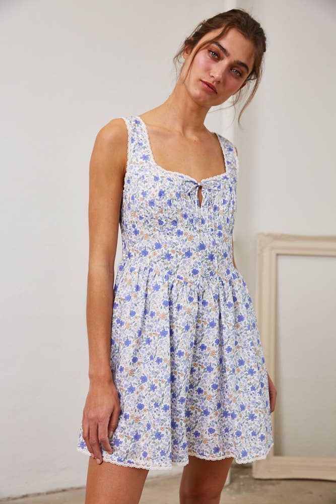 Floral Pleated Lace Detail Mini Dress