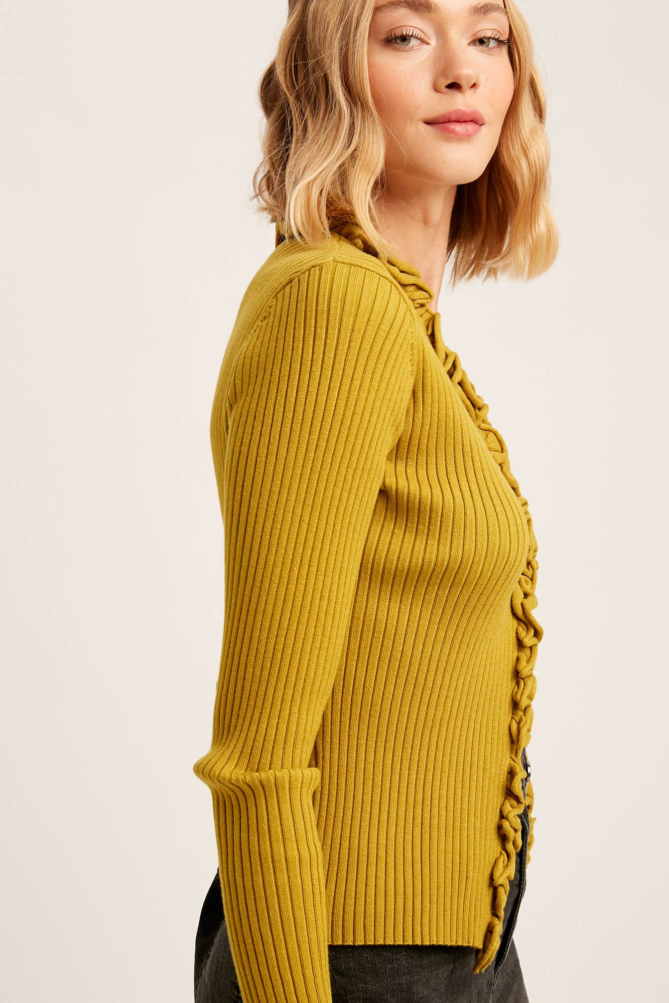 Ruffle Trim Ribbed Cardigan