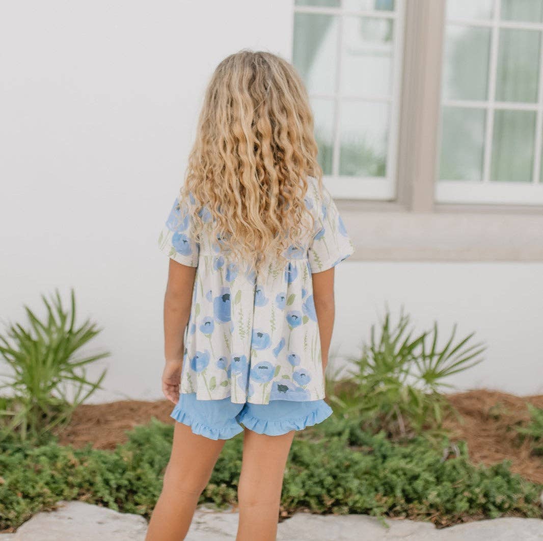 Girls Periwinkle Floral Ruffle Pocket Summer Short Set