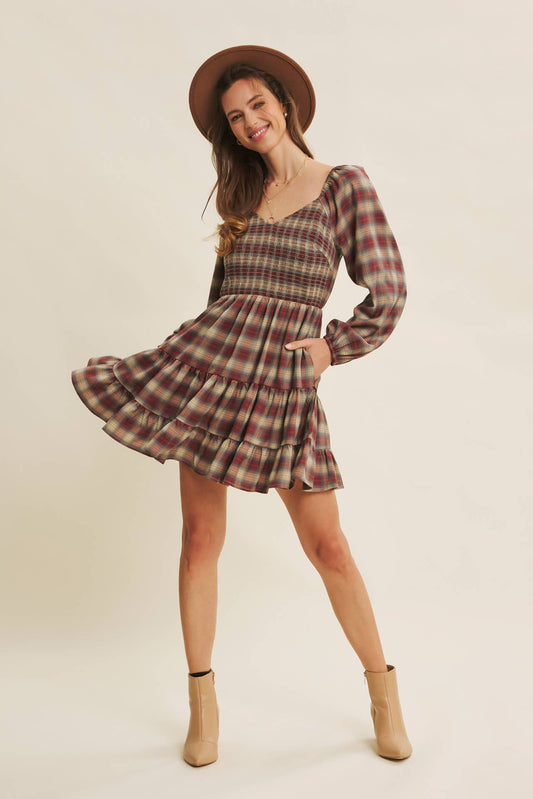 PLAID MINI SMOCKED DRESS WITH RUFFLES