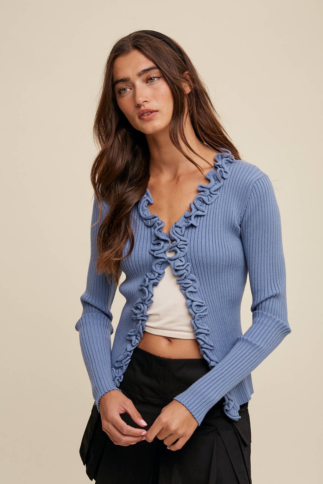 Ruffle Trim Ribbed Cardigan