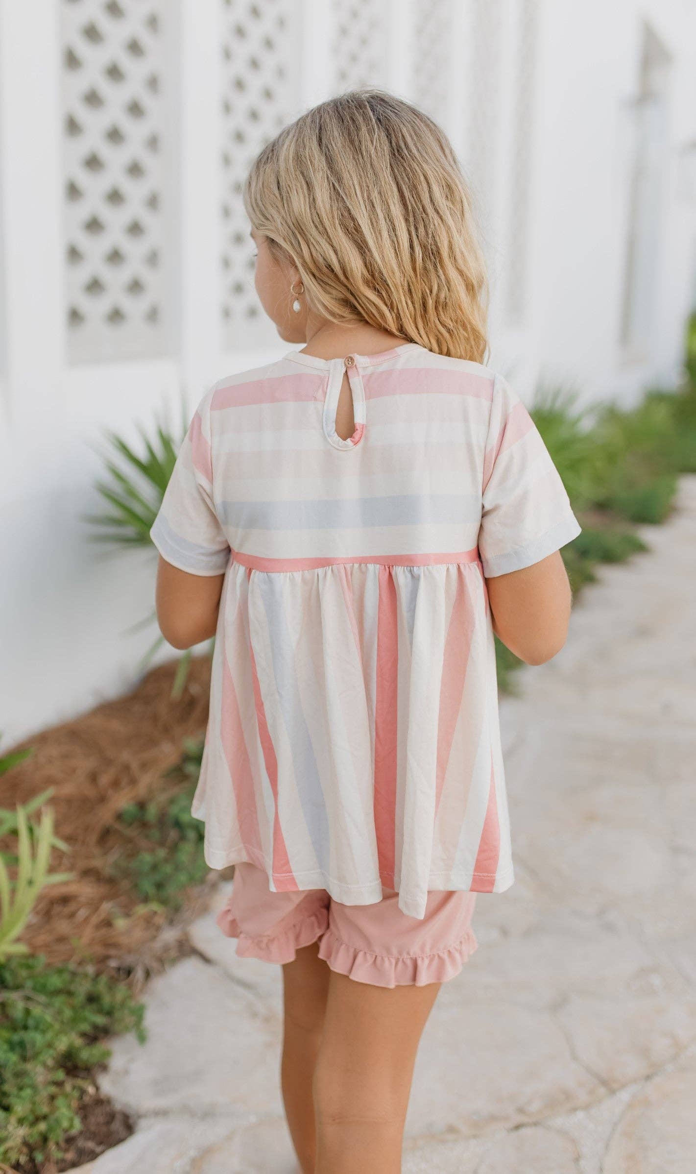 Kids Sand Blush Stripe Pocket Ruffle Summer Short Set