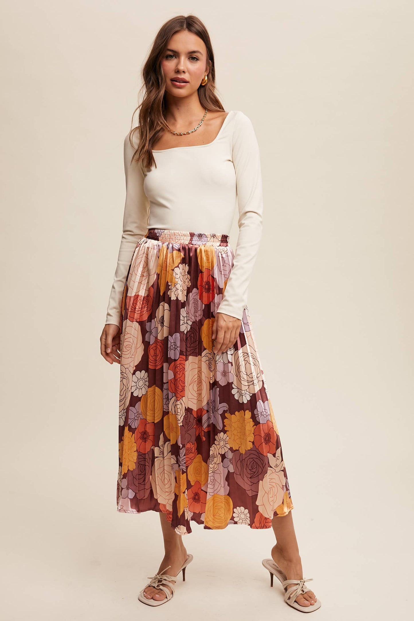 Bold Floral Pleated Midi Skirt