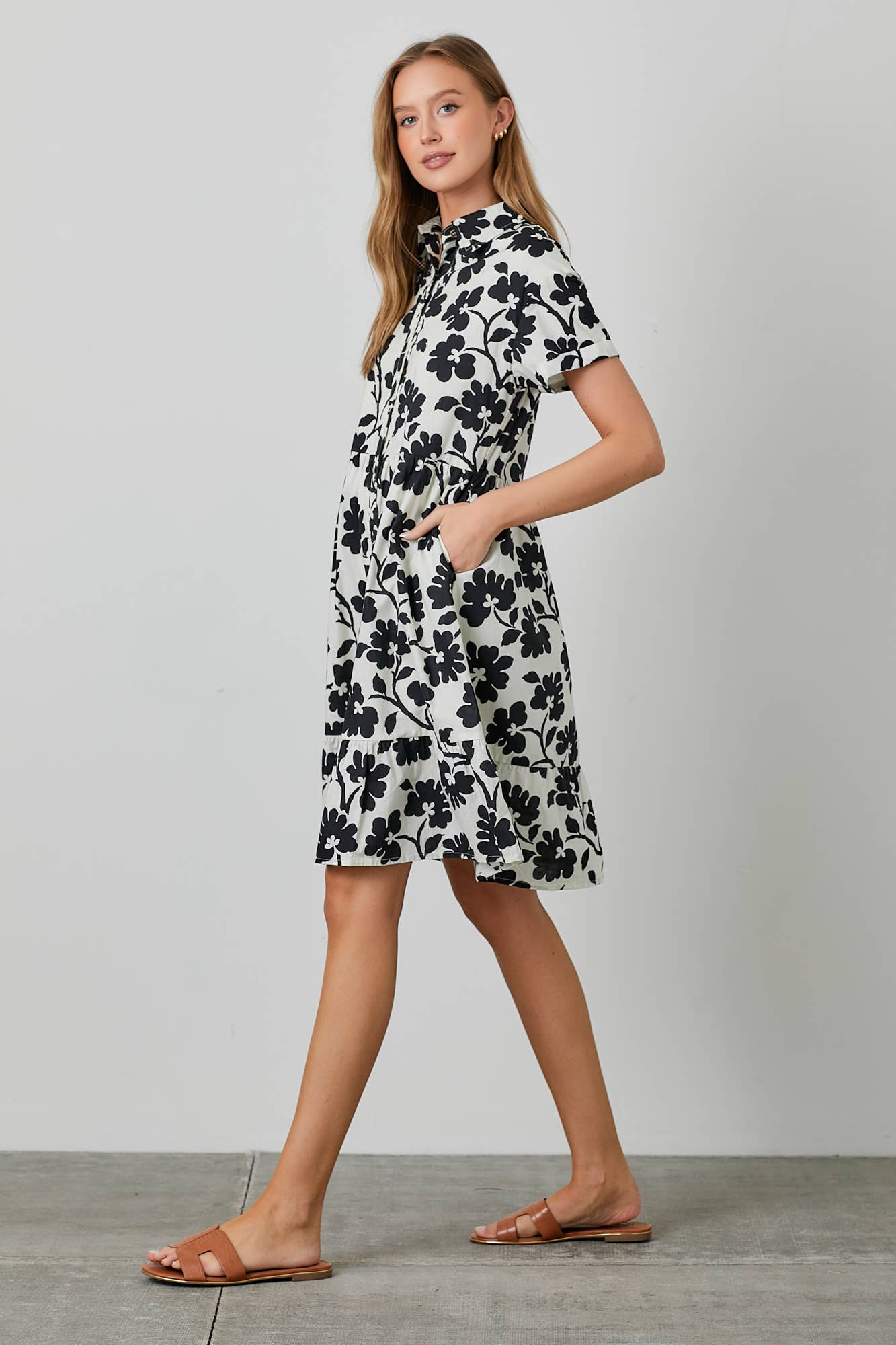 POPLIN PRINT MIDI TIERED SHIRT DRESS