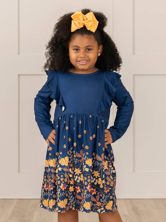 Navy Floral Harvest Ruffle Dress