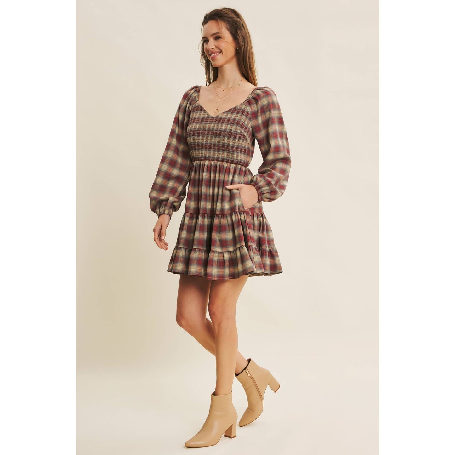 PLAID MINI SMOCKED DRESS WITH RUFFLES