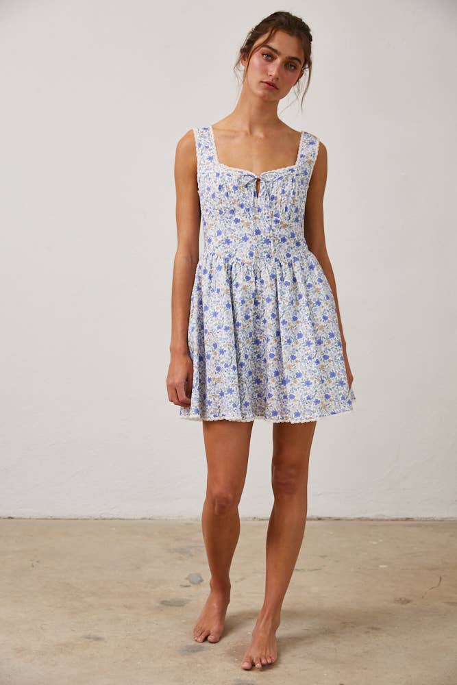 Floral Pleated Lace Detail Mini Dress