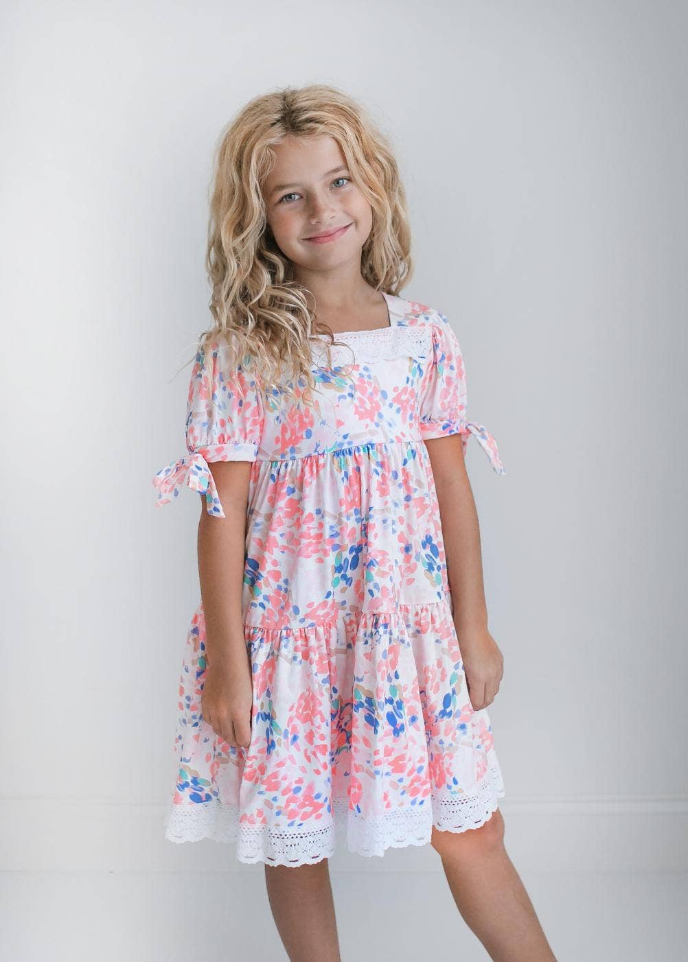 Kids Pink & Blue Lace Tiered Square Neck Spring Summer Dress: 3/4