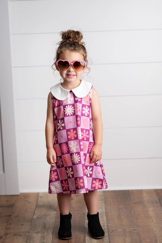 Kids Purple Retro Flower Power Peter Pan Collar Spring Dress