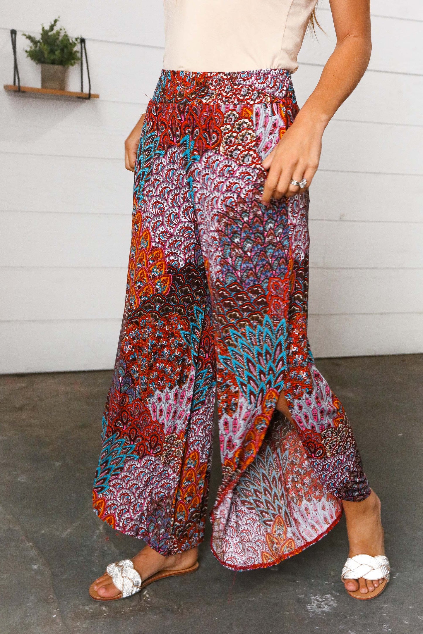 Burnt Orange Geo Print Smocked Waist Slit Palazzo Pants