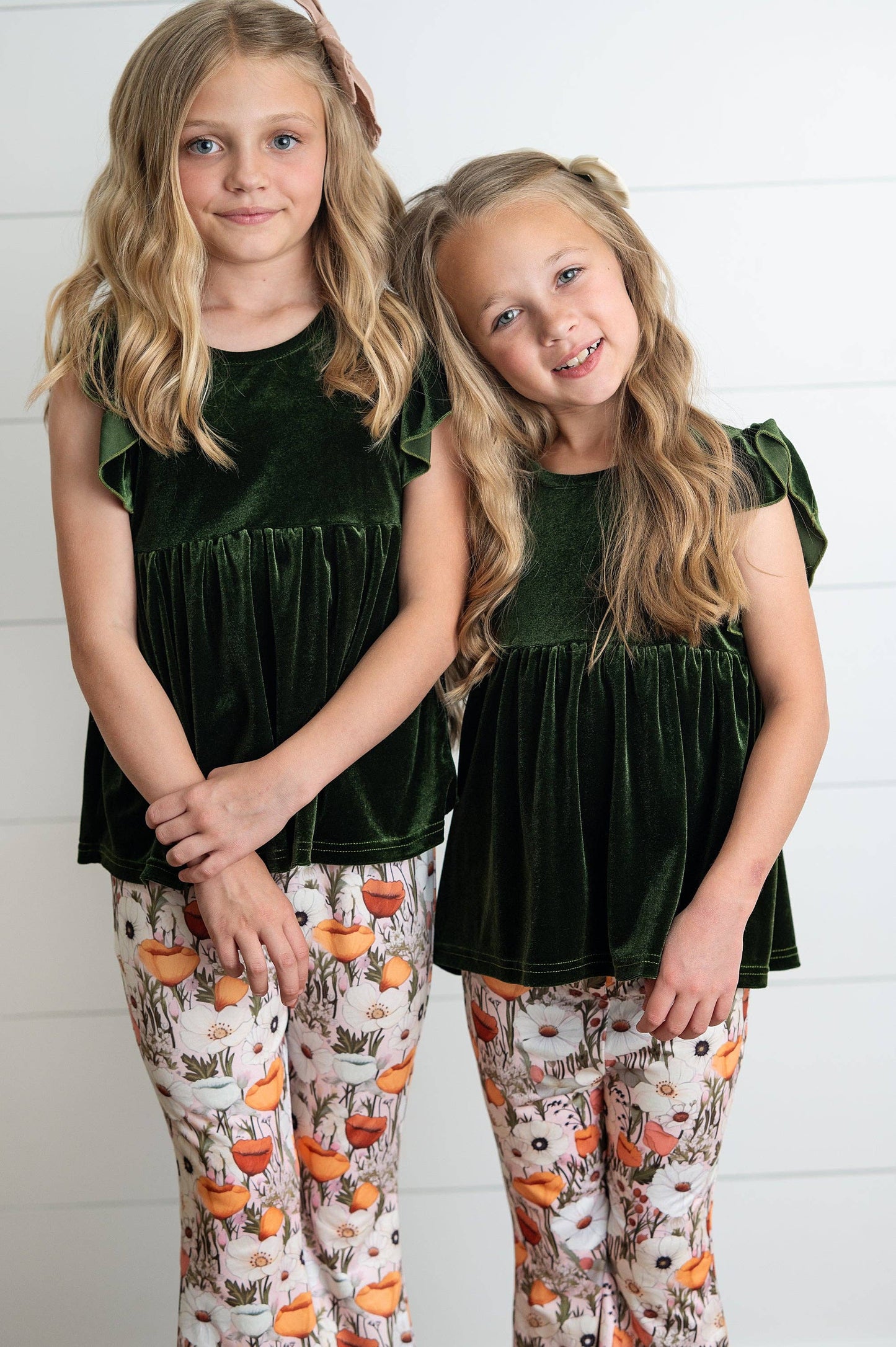 Girls Olive Velvet Ruffle Top & Retro Bell Bottom Pant Set