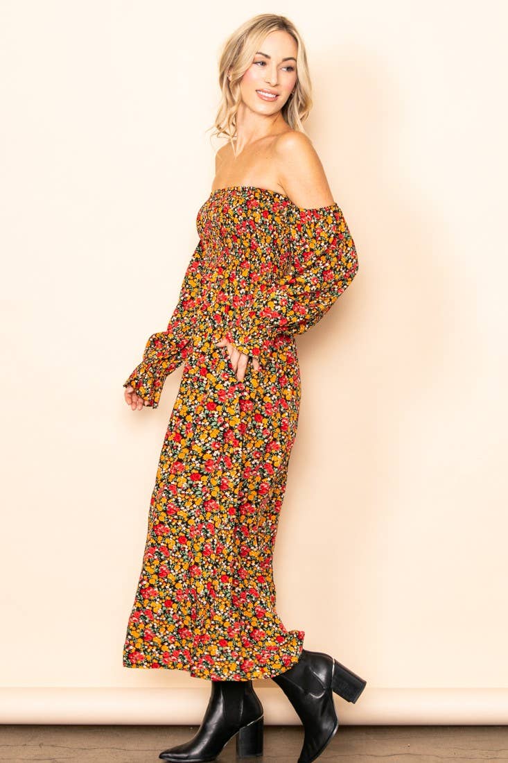 On Off Shoulder Smocked Chest Floral Long Sleeve Maxi Dress