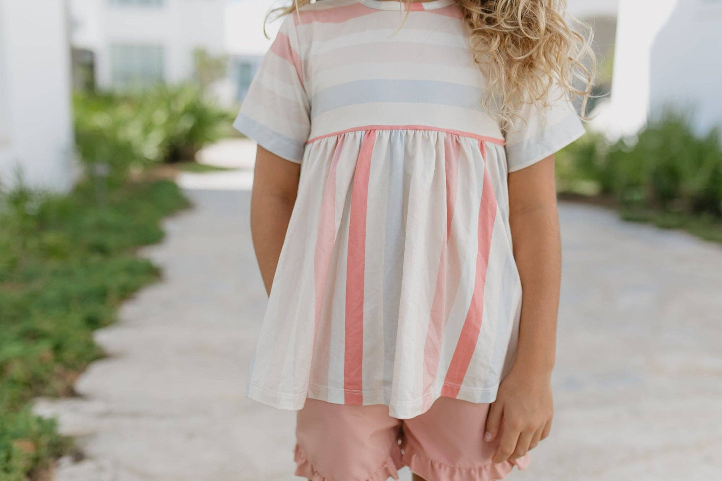 Kids Sand Blush Stripe Pocket Ruffle Summer Short Set