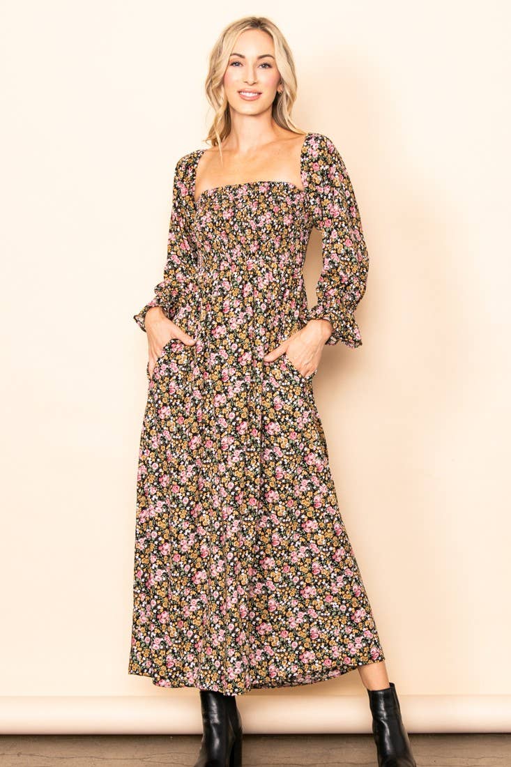 On Off Shoulder Smocked Chest Floral Long Sleeve Maxi Dress