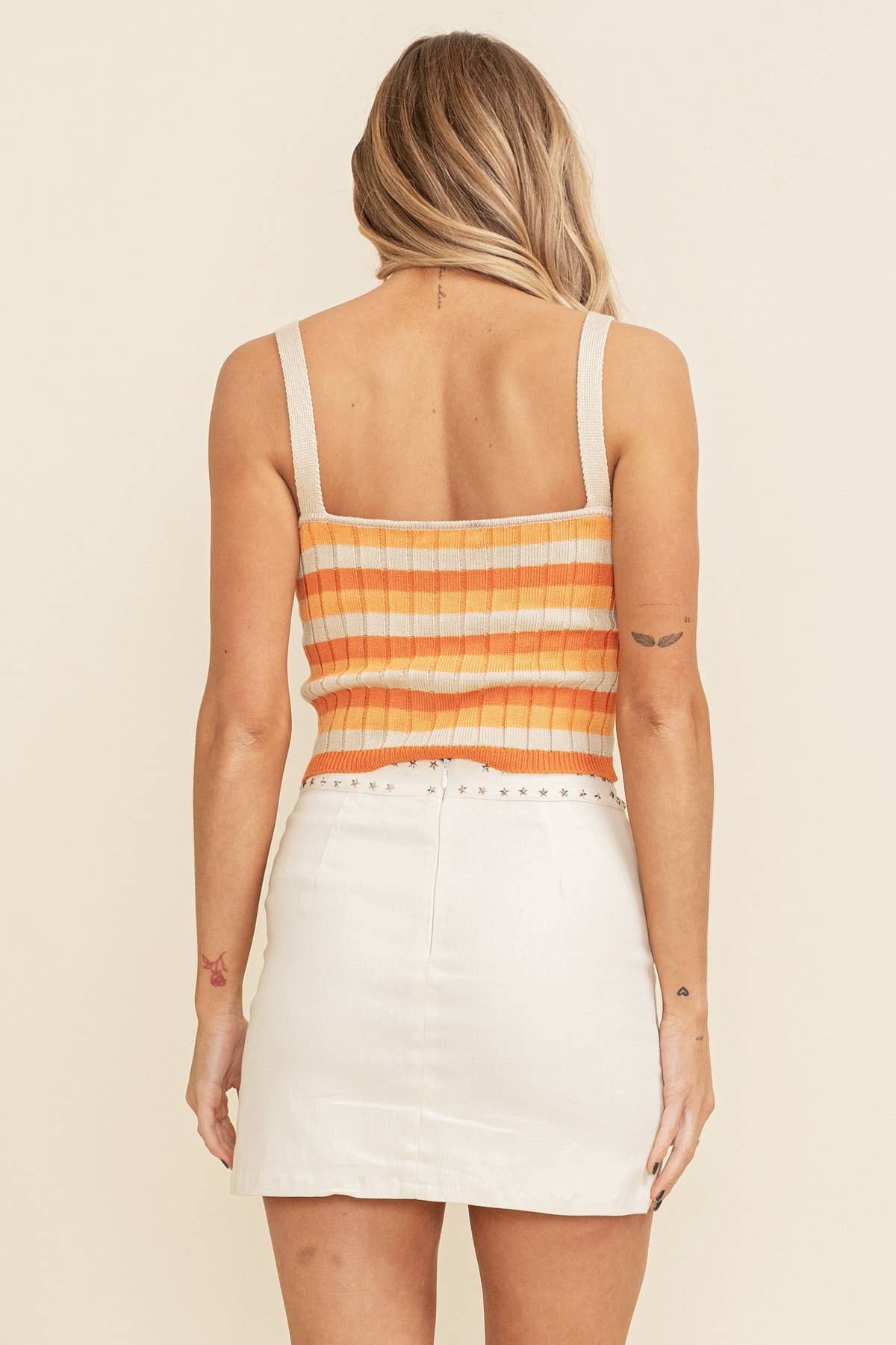 Square Neck Printed Tank Sweater Top: Orange Multi