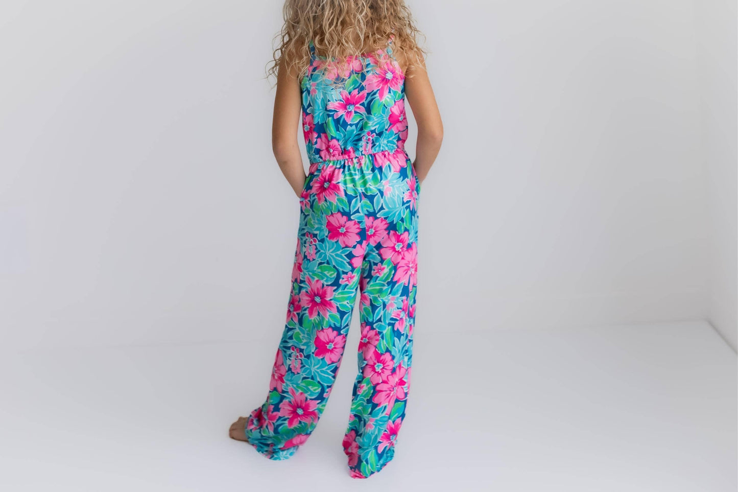 Kids Bright PinkTropical Summer Jumpsuit With Pockets