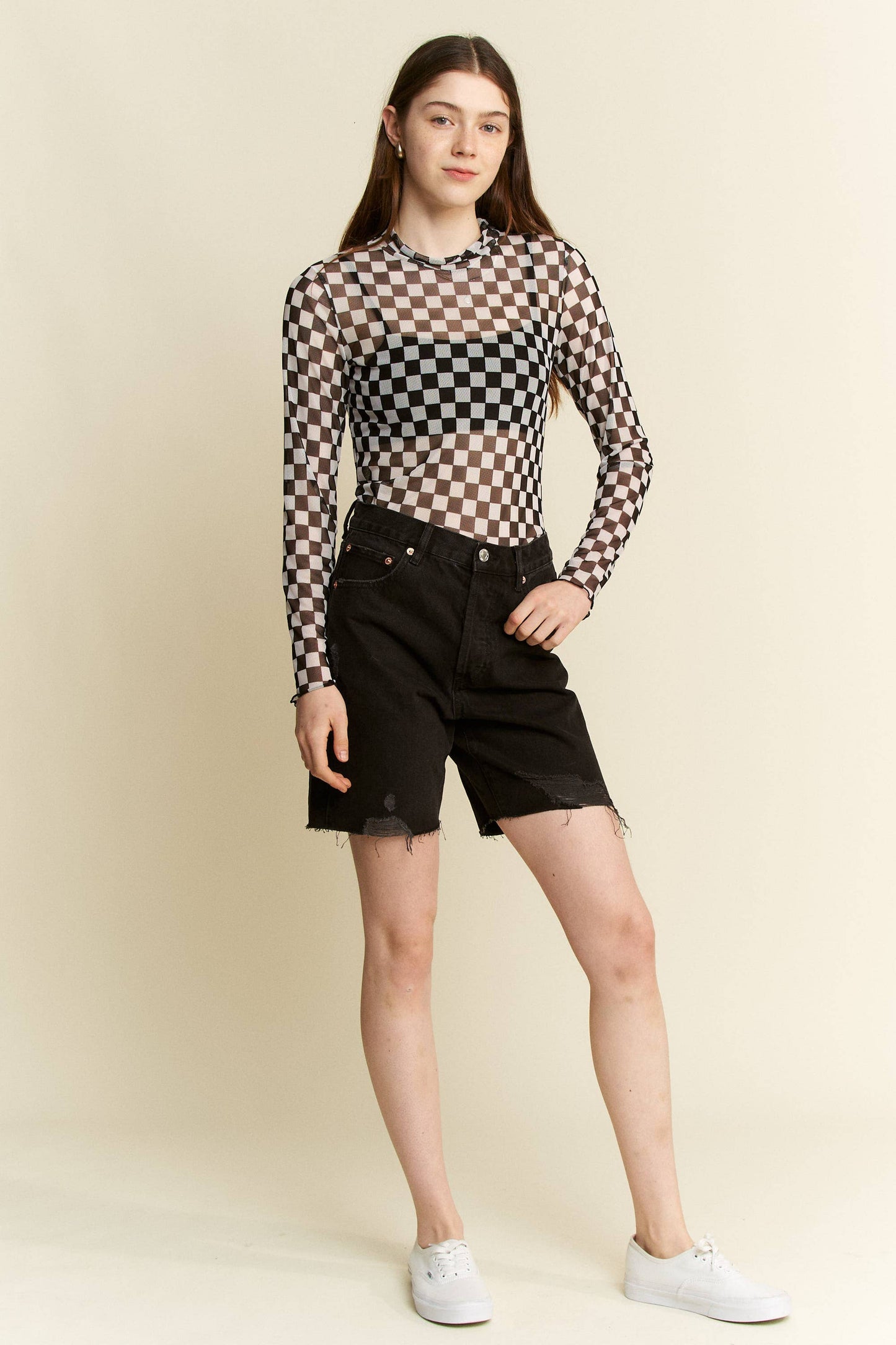 CHECKERED MESH MOCK NECK TOP