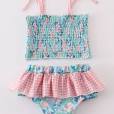 coral floral print smocked 2 pc swimsuit