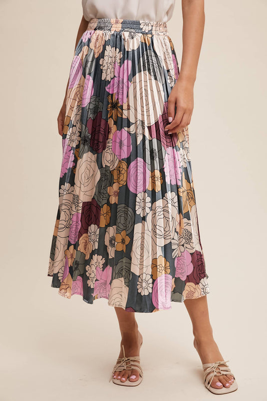 Bold Floral Pleated Midi Skirt