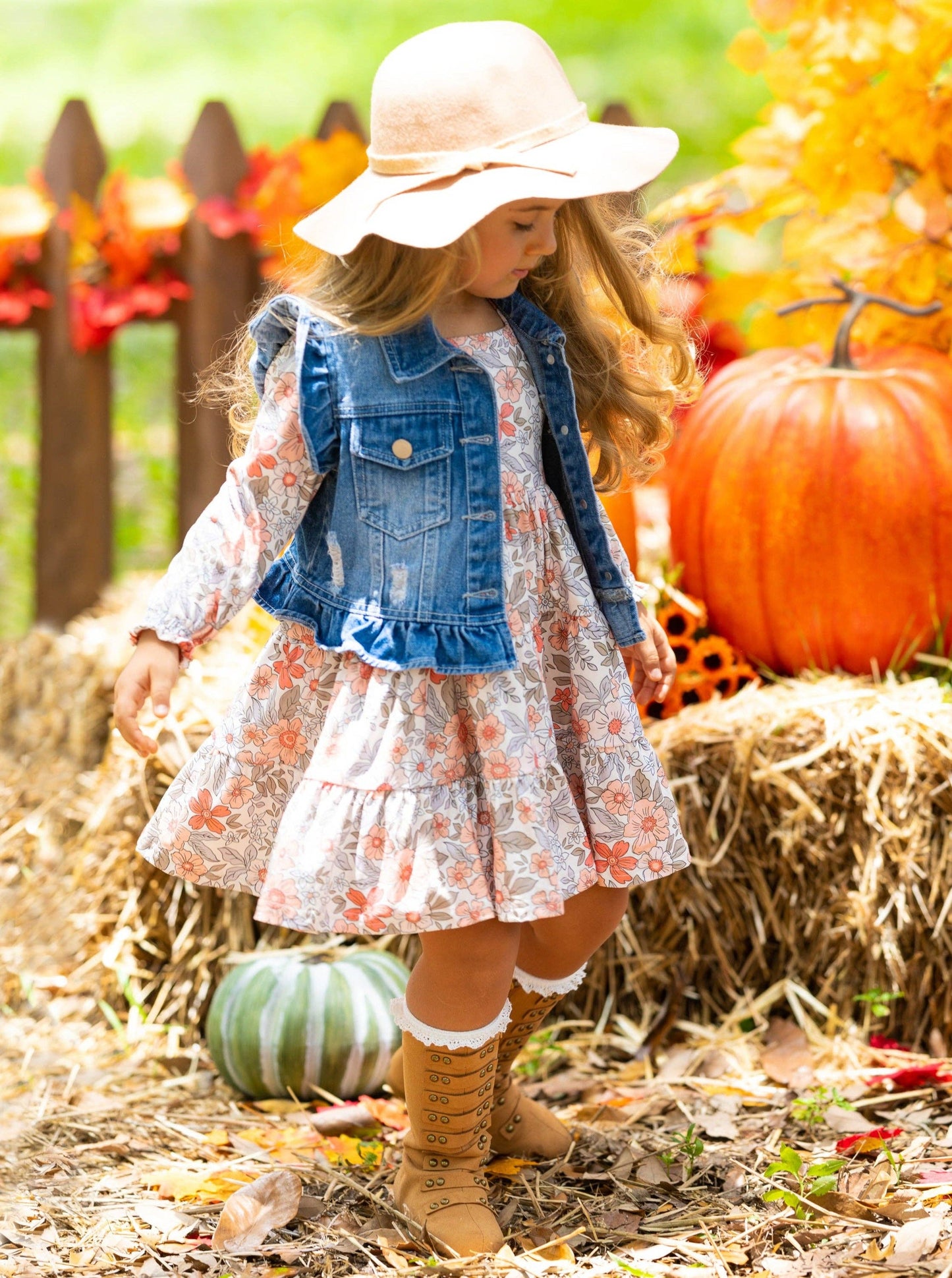 Long Sleeve Floral Dress w/ Ruffle Denim Vest & Set