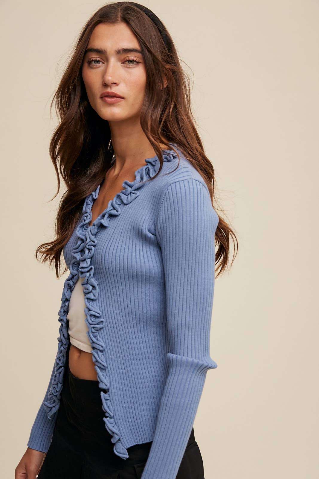 Ruffle Trim Ribbed Cardigan