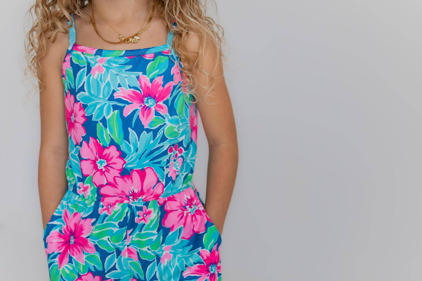 Kids Bright PinkTropical Summer Jumpsuit With Pockets