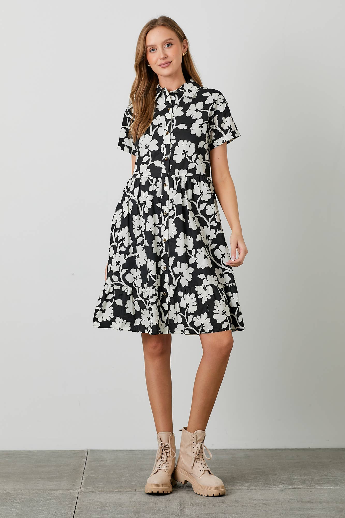 POPLIN PRINT MIDI TIERED SHIRT DRESS